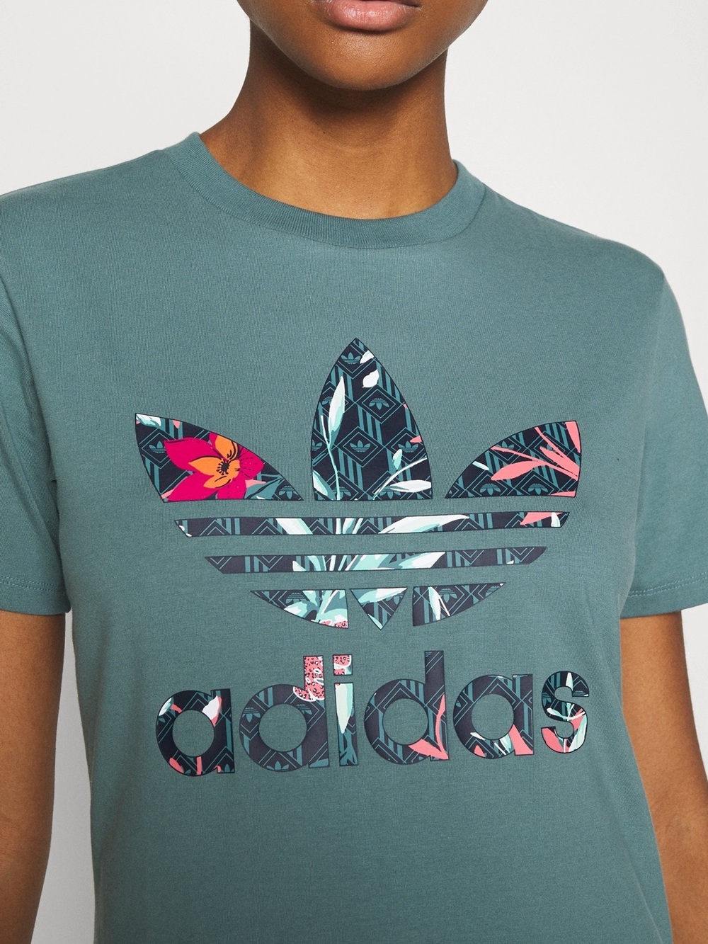 adidas her studio london Teal Short-Sleeve Trefoil Tee with Floral Graphic